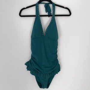 Teal one piece bathing suit with ruffles